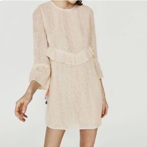 Zara Collection Web Tassel Pom Gold Stripe Lined Cream Crochet Dress